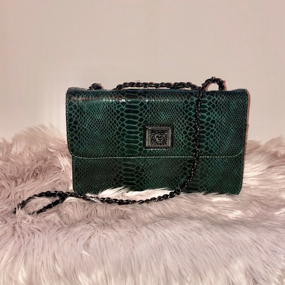 Anne Klein Handbags - Anne Klein Green Snake Print Chain Strap Bag
